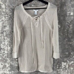 White House Black Market Sz M Ivory Loose Open Knit Sweater Pullover Layer
